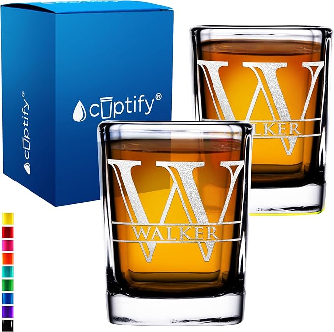 Personalized Glasses Set of 2 Initial and Name 2oz Etched Square Shot Glass Engraved with Custom Text Birthday Gift for Men and Women