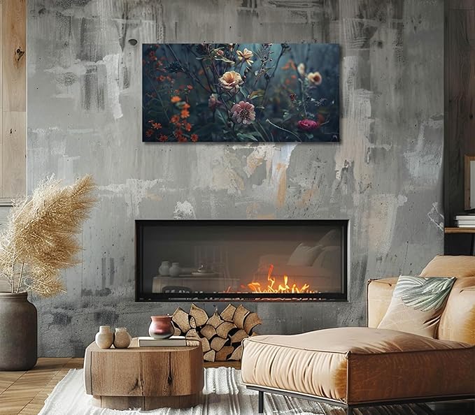 ADJUVANT Wall Art Impressionist Floral 48"L x 24"W, Dark Toned Blossoms With Lush Foliage Canvas Painting Enchanting Flowers Artwork Prints Floral Wall Decor for Living Room Bedroom Study Home Office