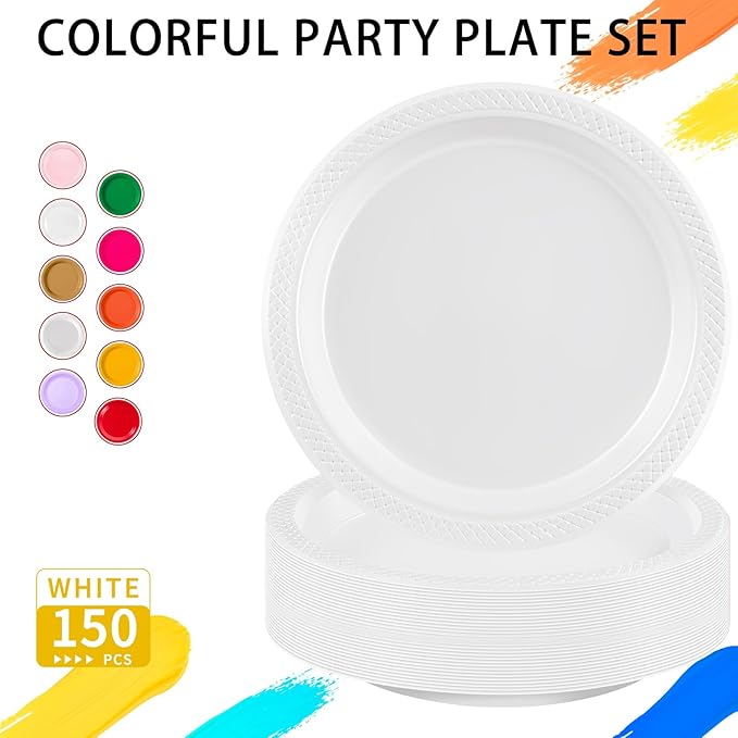 WELLIFE White Plastic Plates 9 Inch -150 Count for Party, Disposable Plastic Party Plates for Wedding Dinner Birthday Engagement
