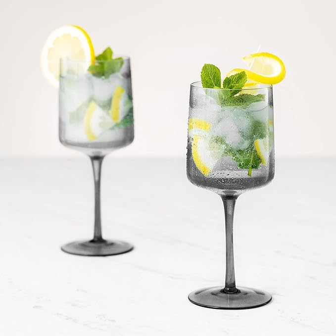 Navaris Gray Square Wine Glasses (Set of 4) - Smoke Color Wine Glasses with Stems - Glassware with Stem for Serving Wine, Cocktails, Beer, Dessert