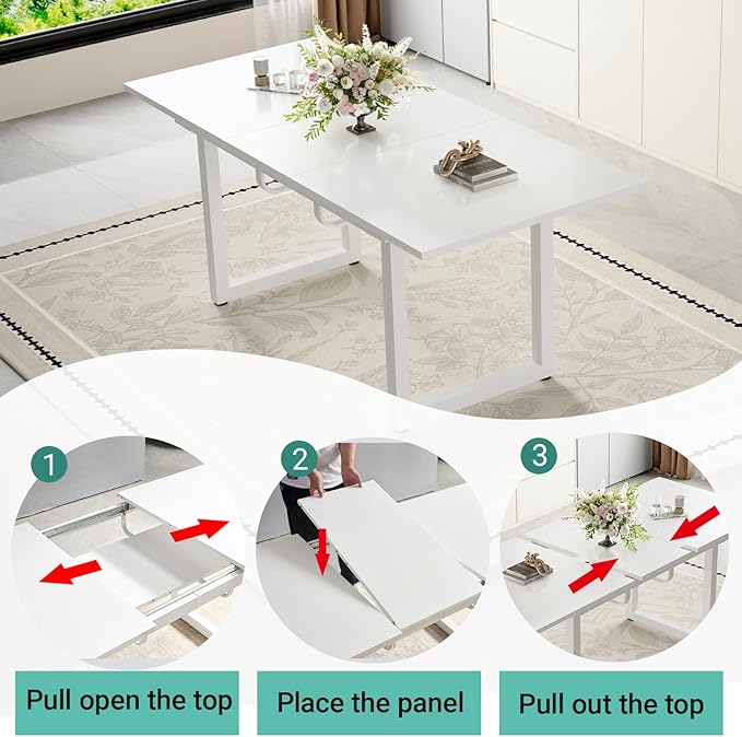 Extendable Dining Table Set for 6, 55"–71" Modern White Kitchen Table with 6 Upholstered Chairs, Space-Saving for Living Room Apartment, Sturdy & Comfortable, Easy Assembly