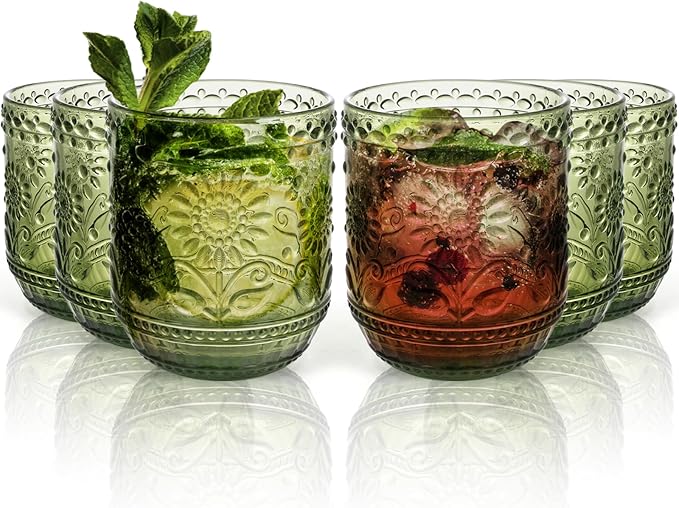 Topsky Vintage Drinking Glass Set of 6,12 oz Embossed Floral Decorative Glassware Set,Glass Cups Wine Glasses Beverages Tumblers Colored Glassware for Whisky,Beer,Juice,Cocktail,Heavy Duty
