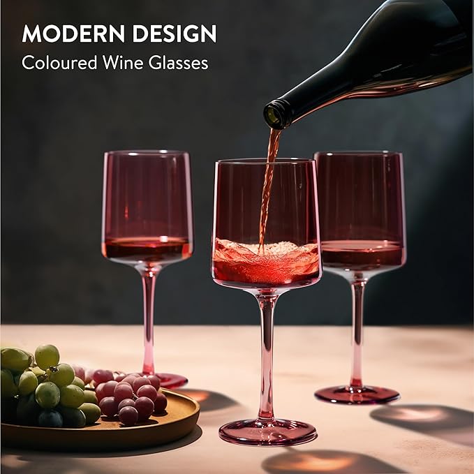 Navaris Pink Stemmed Wine Glasses - Set of 4 - Coloured Wine Glasses with Stems - Stylish Design Glassware for Serving Wine, Cocktails, Dessert