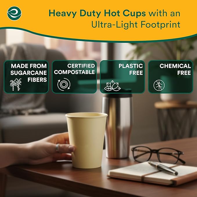 ECO SOUL 50 Pack 12 oz Disposable Coffee Cups Eco-Friendly, Biodegradable, Compostable, Leak-free & Sturdy To Go Hot Drink Travel Bagasse Cup for Tea, Chocolate, Party, Picnic & Cafe, Office & Home