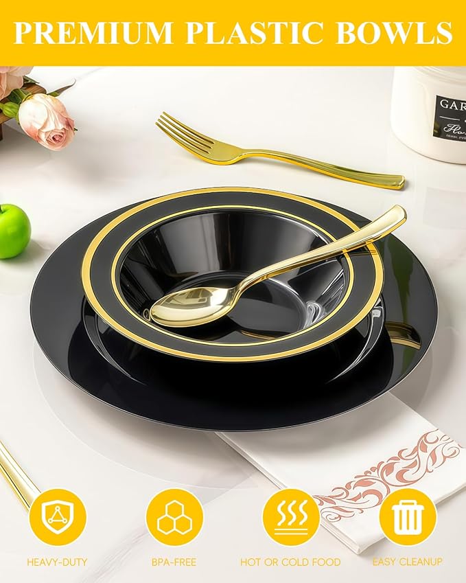 BESTSTAR 200 Pack Black Disposable Bowls with Gold Rim, 12oz Black Plastic Soup Bowls for Party, Wedding, Holiday,And Halloween
