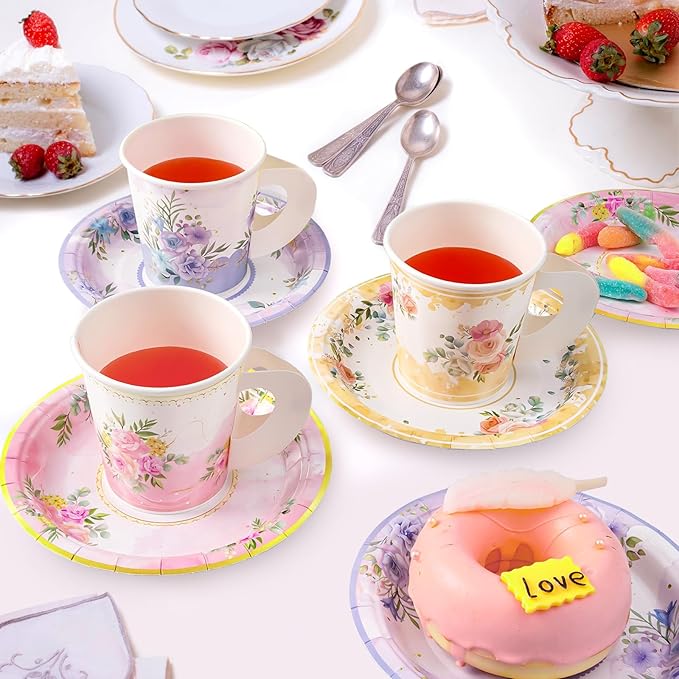 HOMIX 24 Paper Tea Cups and Plates, 7 OZ Disposable Teacups and Saucer Sets | - Image 4