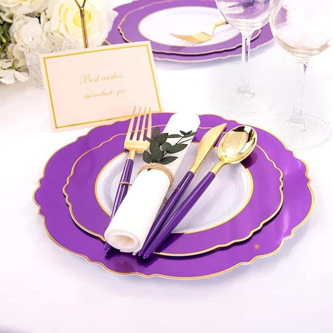 WDF 30Guest Purple Plastic Plates with Gold Rim & Disposable Gold Plastic Silverware With Purple Handle - Baroque Party Plates Mardi Gras Plate for Birthday Parties/Wedding