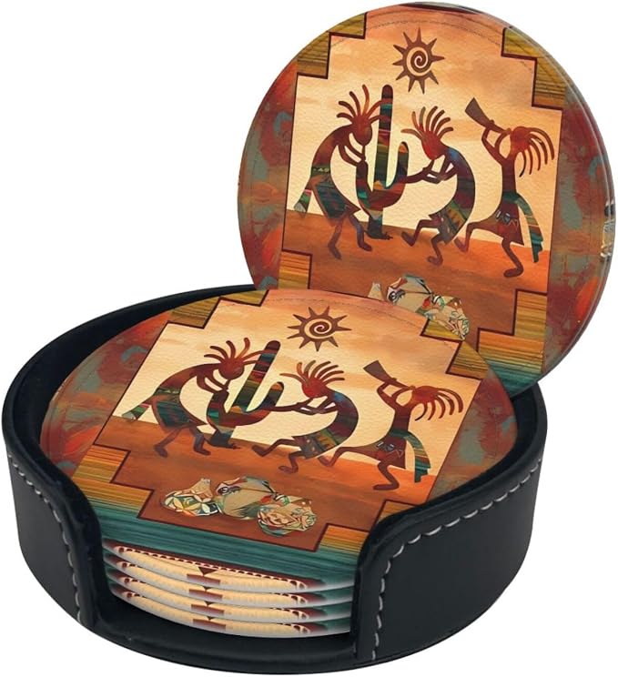 6 Pcs Southwest Kokopelli Native American Leather Coasters - Image 3