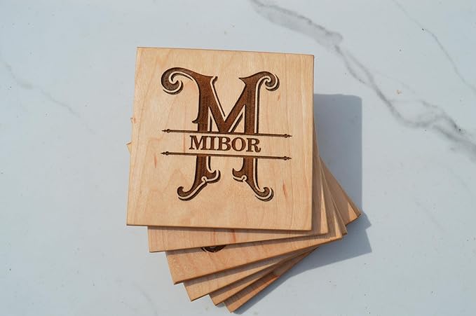 Personalized Wooden Coasters with Monogram, Wedding Date Engraved, Family Name- Choice of Wood (Name Inside Initial)