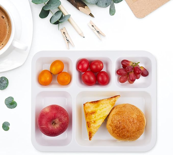 Divided Plates Melamine 5-Compartment White Serving Tray, 13.3 x 10.83 inches, 3 PCS, PFW-1331083-03