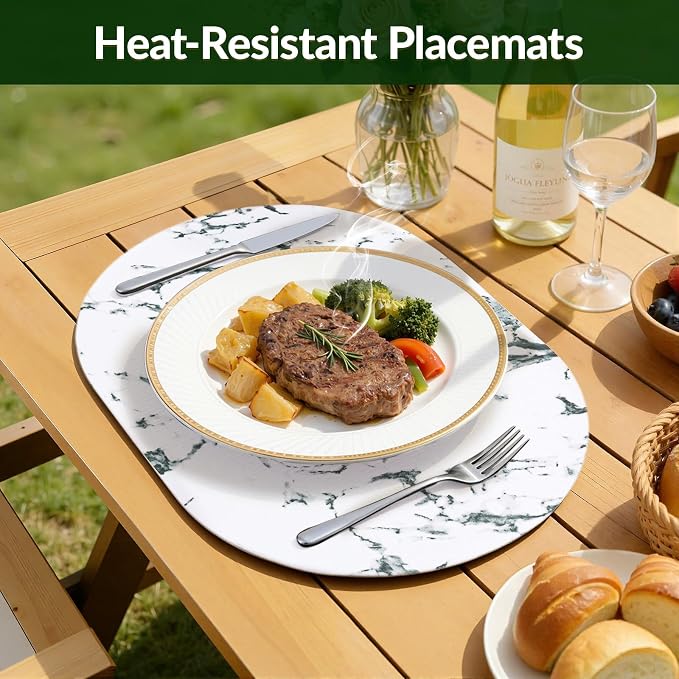 Placemats Set of 6, 11.8 x 17 Inch, Marble | Heat Resistant Oval Faux Leather - Image 4