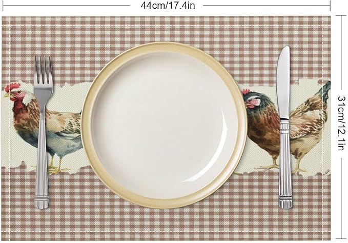 Rustic Rooster Placemat Set, Vintage Boho Farmhouse Colorful Watertcolor Chicken Pink Plaid Pattern Home Decor Table Mats for Dining Room Kitchen Party (17x12in) x2P