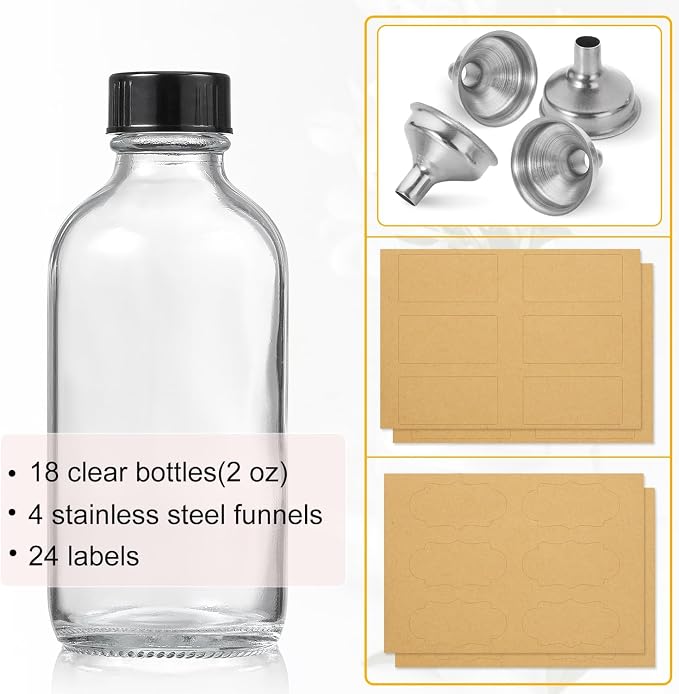 18 Pack, 2 oz Small Clear Glass Bottles w/ Lid & 4 Stainless Steel Funnels - - Image 2