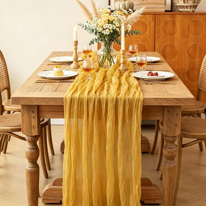 6Pcs Yellow Table Runner, 10FT Rustic Gauze Gold Table Runner 35*120inch Boho - Image 5