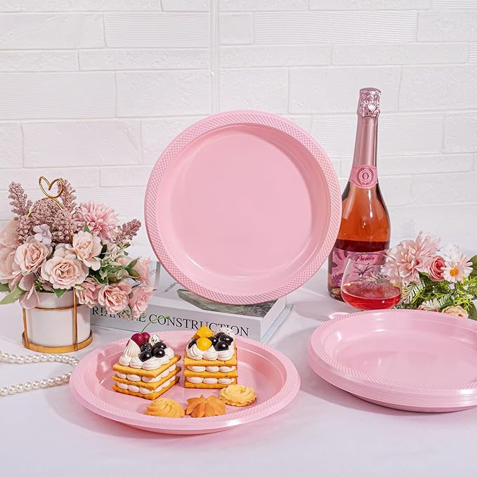 WELLIFE Pink Plastic Plates 10 Inch -150 Count for Party, Disposable Plastic Party Plates for Valentine's Day Easter Mother's Day Baby Shower Dinner Dessert Cake Light Pink