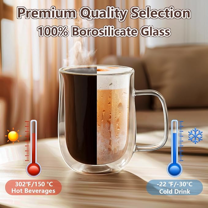 Double Walled Glass Coffee Mugs 16 OZ, Borosilicate Glass Coffee Cups Set of 4 - Image 6