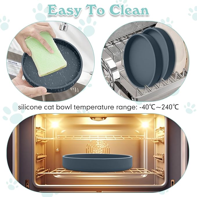 Silicone Dog Bowl Shallow Cat Food Bowls 7in Flat Puppy Plates Cute Whisker Fatigue Pet Feeding Dishes Set of 2 for Dry and Wet Food Indoor (Round Dark Grey)