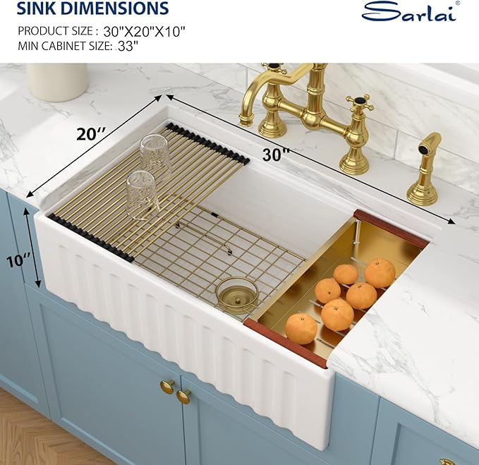 Sarlai White Farmhouse Sink - 30 Inch Farm Kitchen Sink Undermount Workstation Apron Front Reversible Ceramic Fireclay Single Bowl Farmer Sinks Basin 30 x 20 Inch With Gold Accessories
