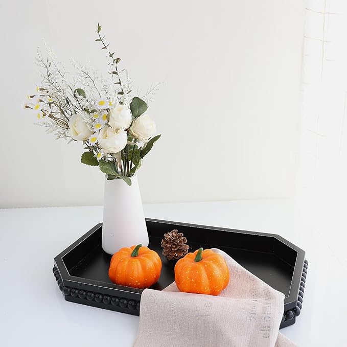 Wood Rustic Serving Tray with Beads, Farmhouse Black Decorative Tray for Table Centerpiece, Christmas Wedding Halloween Home Decor
