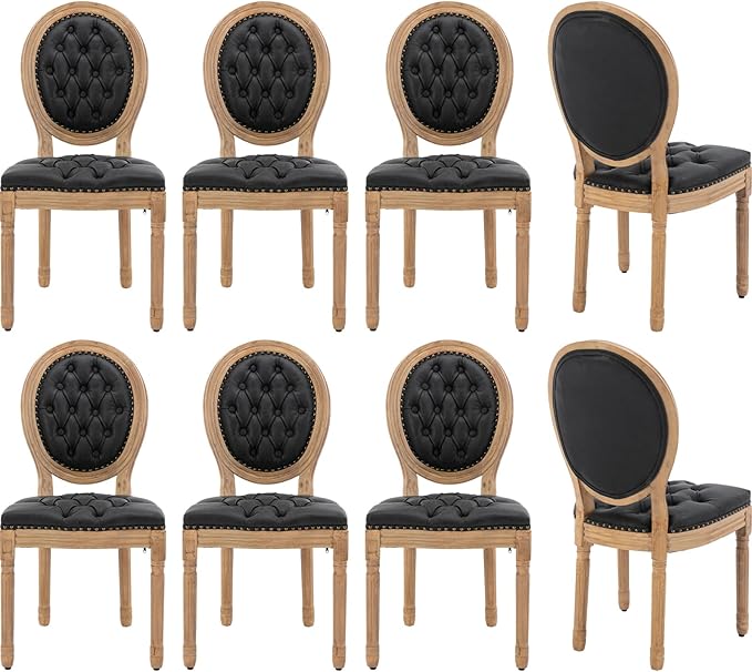 Vintage French Dining Chairs Set of 8, Round Back PU Leather Upholstered Side Chairs with Nailhead Trim and Solid Wood Frame, Sillas de Comedor for Dining Room & Kitchen, Black