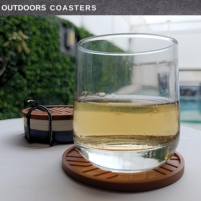 Silicone Coasters for Drinks -Set of 6 - with Smart, Modern, Groove Patterns & Gold Holder - Protection Your Coffee Table from Condensation Cups, Home Office Decor Boho Vintage