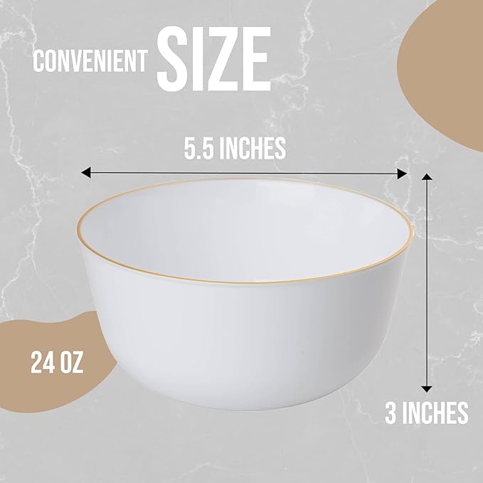 Trendables Disposable Bowls - 24 Oz Set of 20 in White with Gold Rimmed Fancy Plastic Serving, Ice Cream and Salad Bowls