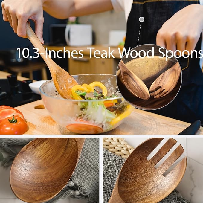 Teak Wood Salad Serving Spoon and Spork 10.2-Inch, Wooden Salad Server Set of 2 - Image 2