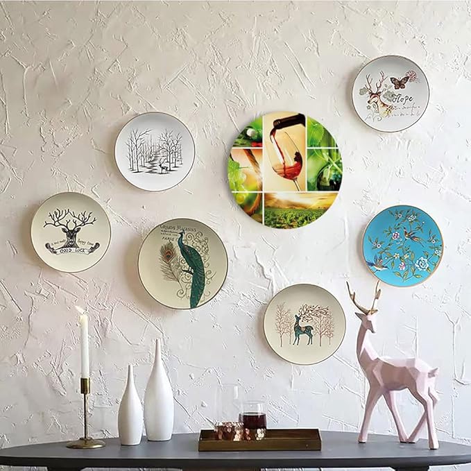 Decorative Plates, Wine Print Ornament, Wine Tasting and Grapevine Collage Green Fresh, 10 Inch, Kitchen Wall Decor, Green Ruby Caramel