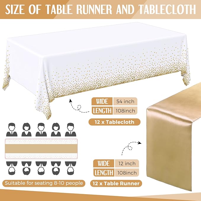 Breling 24 Packs White and Gold Disposable Plastic Tablecloths and Satin Table Runner Set, 54 x 108 Inch Tablecloth, 12 x 108 Inch Table Runners for Wedding Graduation Birthday Baby Shower