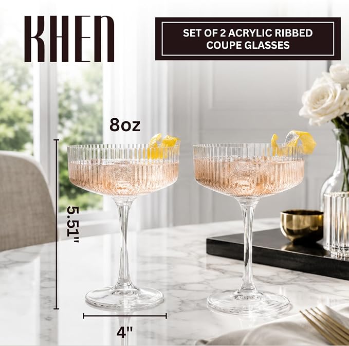 Khen Acrylic Ribbed Coupe Glasses, 8oz Clear Shatterproof Plastic Martini - Image 2