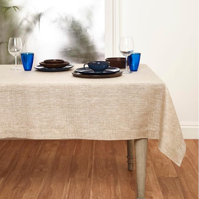 Solino Home Linen Tablecloth 60 x 144 Inch - 100% Pure Linen Champagne Beige Table Cloth for Rectangle Tables - Athena, Machine Washable Tablecloth for Spring, Easter