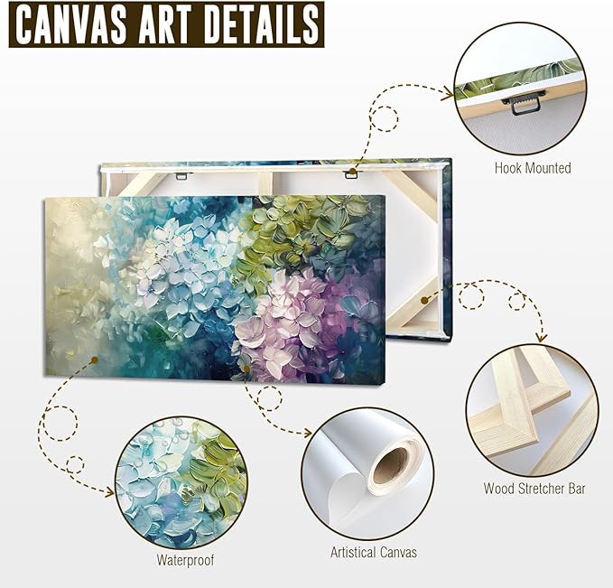ADJUVANT Wall Art Impressionist Colorful Hydrangea 48" L x 24" W, Vibrant Hydrangea Blooms Canvas Painting Lush Petals Artwork Prints Floral Wall Decor for Living Room Bedroom Dining Room Home Office