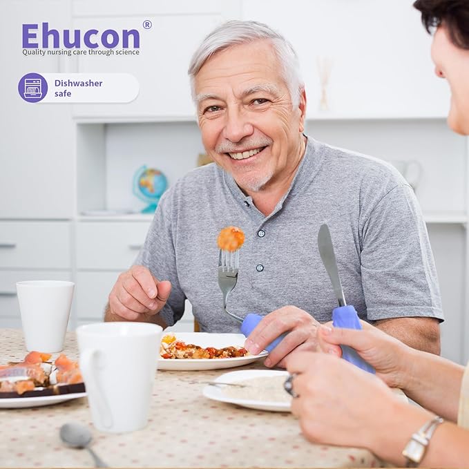 Adaptive Utensils Angled Knife and Fork for Hand Tremors Parkinsons,Weighted Utensils with Non-Slip Easy Grip Handles for Independent Eating (1pcs Straight Knife+1pcs Fork,Purple,Left Hand)