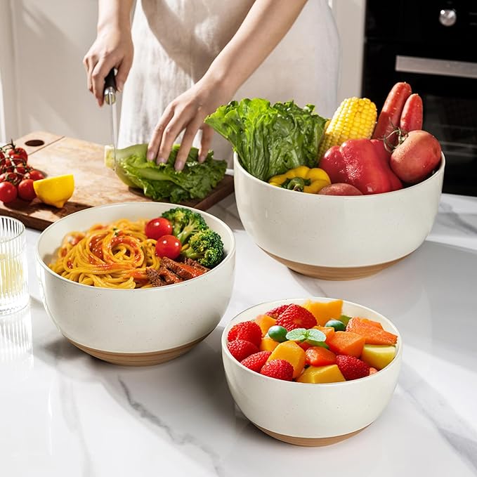 AmorArc Ceramic Mixing Bowls|Nesting Bowls Set of 3 for Kitchen|Stoneware Serving Bowls with Rustic Terracotta Underside for Mixing,Cooking,Baking,Salad| Microwave & Dishwasher Safe 4.6/2.8/1.3 Qt