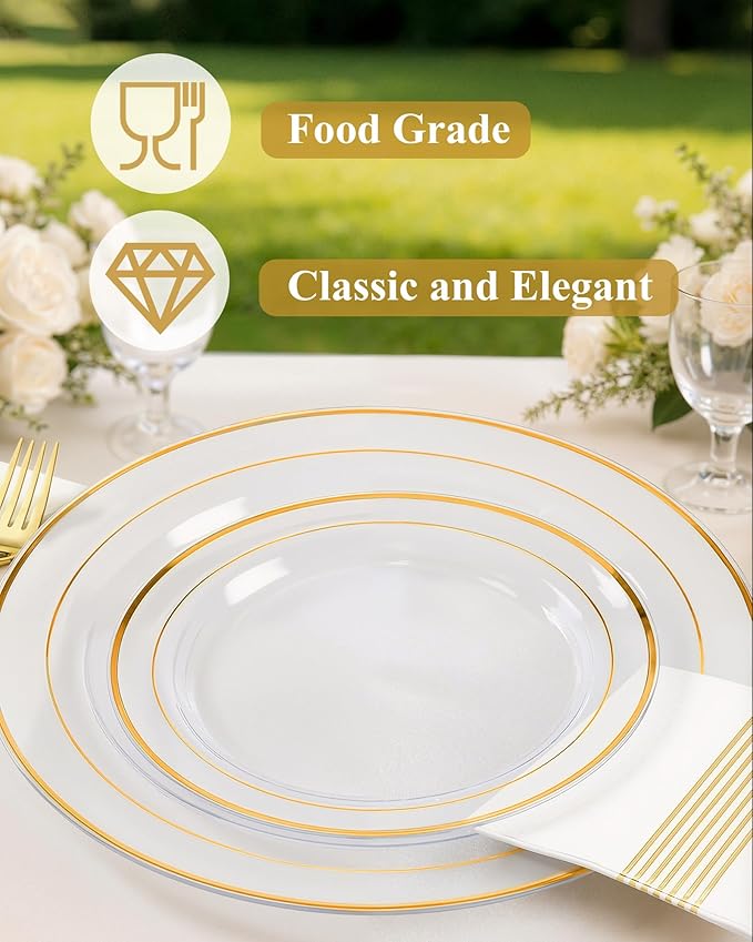 Quatish 60 Pcs Gold Rim Disposable Plastic Plates for Party,Wedding Plate Includes 30 Pes 10.25 Inch 30 Pes 7.5 Inch Heavy Duty Dinner & Dessert Plates, Perfect for Festivals,Picnics,in Clear