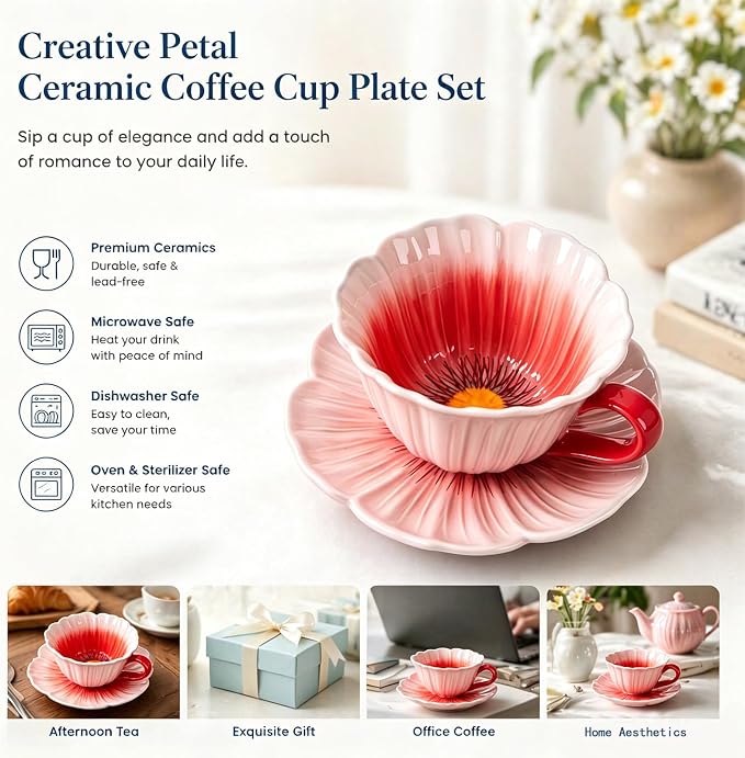 8.8 oz Tea Cups and Saucers, Flower-Shaped Ceramic Latte Art Cappuccino Cup and - Image 4