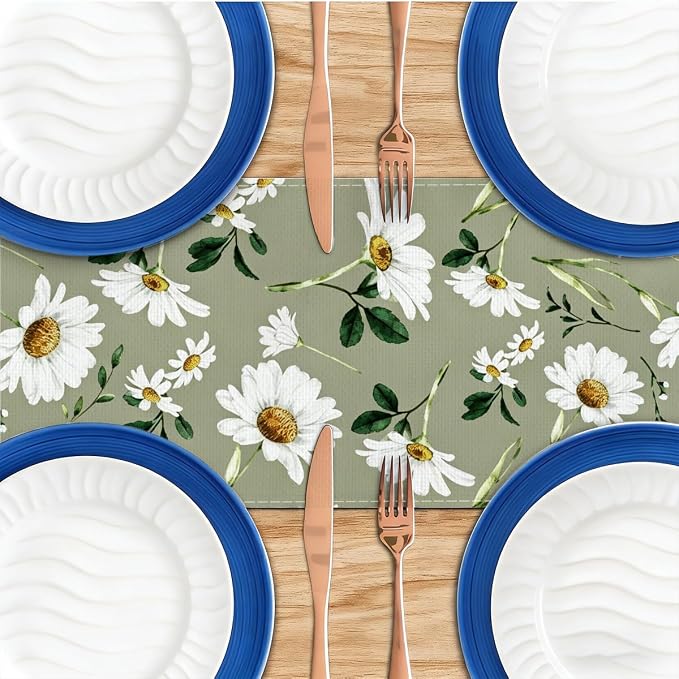 Olive Green Daisy Flowers Spring Table Runner, Table Runners 72 Inches Long | - Image 4