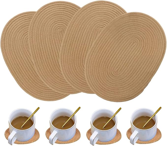 4 Pack Oval Woven Placemats and Set of 4 Round Fabric Coasters, Cotton Braided Tablemat Set, Heat-Resistant Pot Holders, 11.5 * 15.8'' Washable Plate Chargers for Christmas Table Decoration