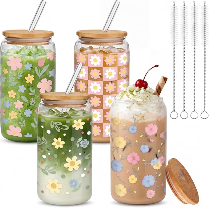 Mumufy 4 Pack Wildflower Glass Cups Gift Aesthetic Cute Glass Cup Tumbler by Mumufy