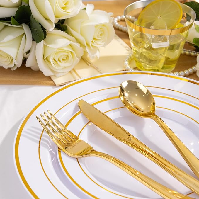WELLIFE 300 PCS Gold Dinnerware Set for 50 Guests, Gold and White Disposable Plastic Plates for Party, 50 Dinner & Salad Plates, 50 Cups Forks Knives Spoons for Wedding and Party Supplies