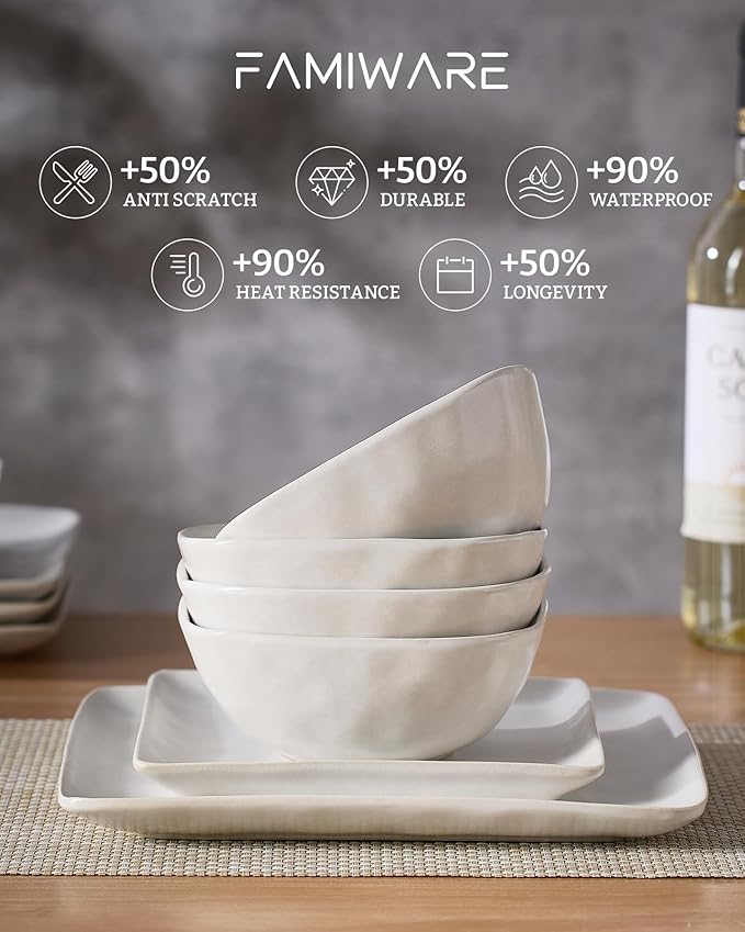 Famiware Dinnerware Sets for 4, Ocean Square 12-Piece Kitchen Plates and Bowls Sets, Microwave and Dishwasher Safe, Scratch Resistant, Matte White