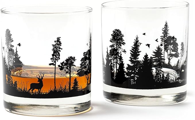 Black Lantern Forest Animal Whiskey Glass Set of 2 – 11oz Old Fashioned Rocks Glasses for Men | Wildlife & Nature Themed Barware for Bourbon, Scotch & Cocktails | Dishwasher Safe Gift Ready