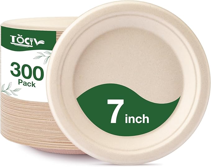Paper Plates Compostable 300-Count 7 Inch Disposable Heavy Duty Party Small Plates Bulk for Appetizer Dessert Cake Biodegradable Birthday Holiday Kids Party Supplies