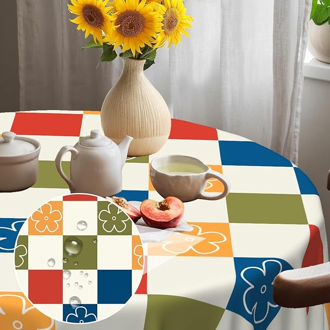 Laeacco 60 Inch Plaid Round Tablecloth Colorful Buffalo Plaid Flower Modern Geometric Abstract Art Print Table Cloth Washable Waterproof Wrinkle Free Table Cover for Kitchen Dining Picnic Party Decor
