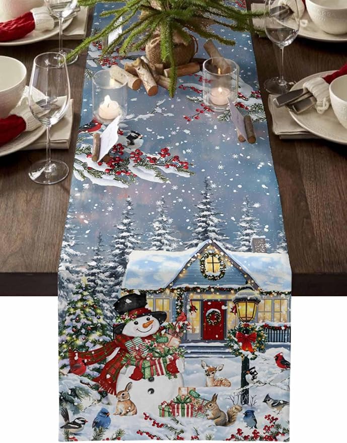 Merry Christmas Table Runner 48 Inches Long, Xmas Trees Snowman Snowflake Table by Unknown