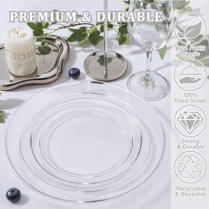 I00000 100PCS Clear Silver Plastic Plates, Clear Plates with Silver Rim, 10 Inch Dinner Plates Premium Party Supply for Wedding Birthdays Party