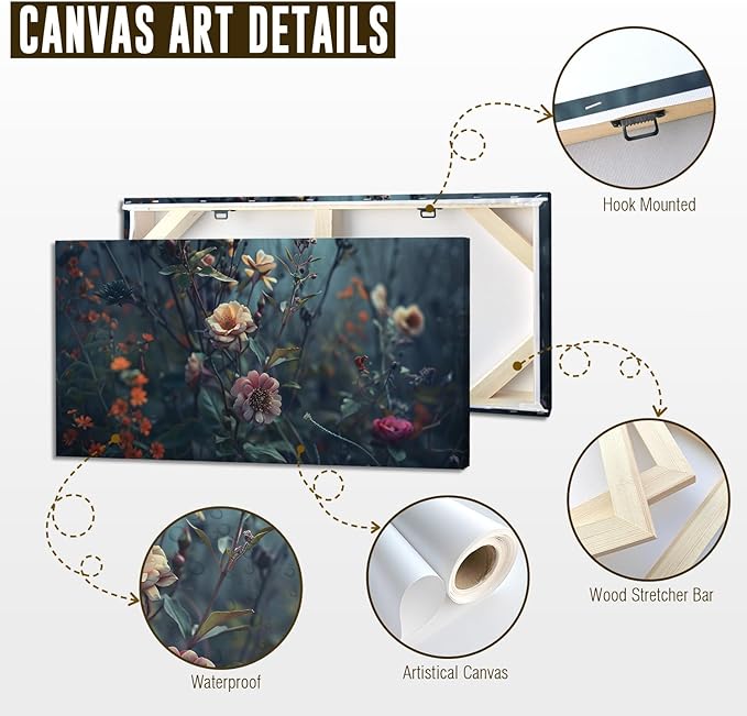 ADJUVANT Wall Art Impressionist Floral 40"L x 20"W, Dark Toned Blossoms With Lush Foliage Canvas Painting Enchanting Flowers Artwork Prints Floral Wall Decor for Living Room Bedroom Study Home Office