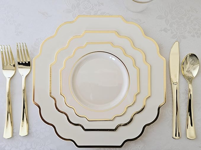 " OCCASIONS " 120 Plates Pack,(60 Guests) Heavyweight Wedding Party Disposable Plastic Plates Set -60 x 10.5'' Dinner + 60 x 8'' Salad/Dessert Plate (Imperial Ivory & Gold)
