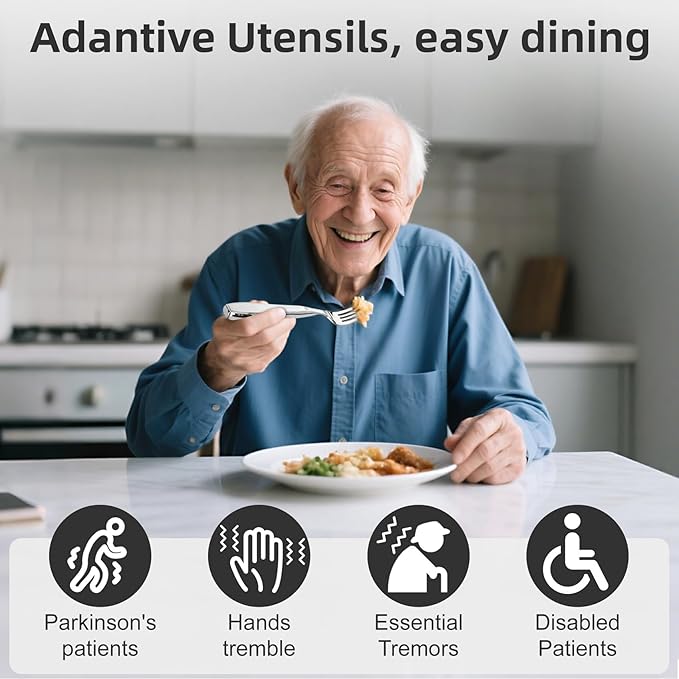 Weighted Utensils for Hand Tremors and Parkinson's Patients - 4 Piece Set of Heavy Stainless Steel Silverware for Elderly, Arthritis, Weak Hand Grip - Includes Knife,Fork,Spoons with Travel Bag,7 Oz