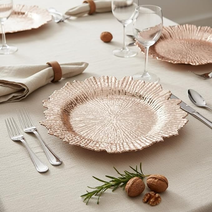 LOYALHEARTDY 24 Pack 13 Inch Rose Gold Charger Plates, Plastic Reef Textured Rim Round Decorative Underplates for Wedding, Party, Dinner Table